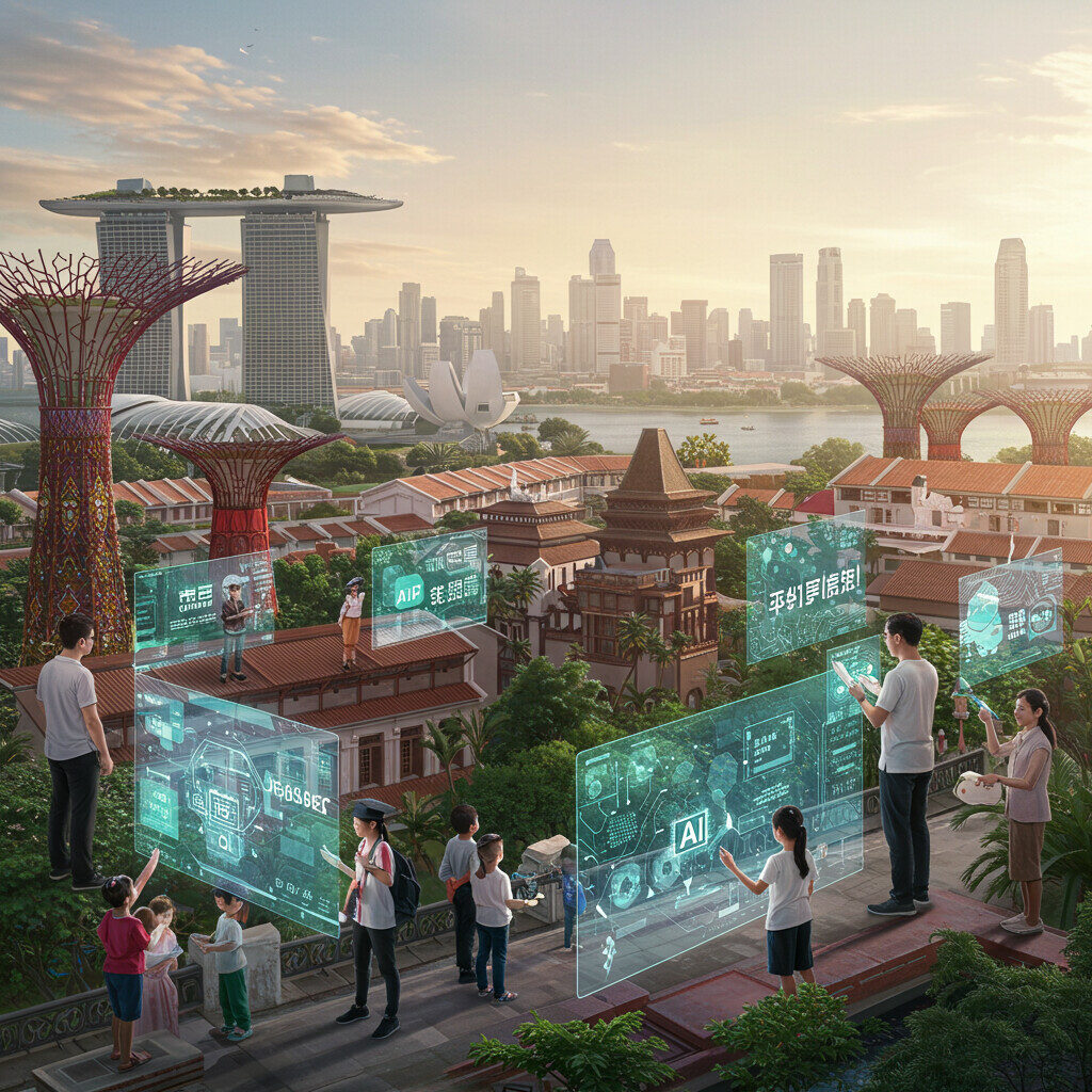 Create an image symbolizing Singapore's AI ecosystem that blends traditional ASEAN cultural elements with modern technology. Show a stylized Singapore skyline where traditional buildings seamlessly transition into futuristic structures. In the foreground, include diverse groups of people collaborating around holographic AI displays showing both Singlish text and various Southeast Asian scripts. Add symbolic elements representing AIAP apprentices and 100E projects, with knowledge flowing between generations - children, working professionals, and mentors. The scene should convey balance between state guidance (represented by orderly infrastructure) and innovation (shown through glowing AI interfaces). Use warm colors with blues and greens to represent both technological advancement and cultural preservation, creating a harmonious vision of an AI-First Nation that honors historical roots while embracing the future.